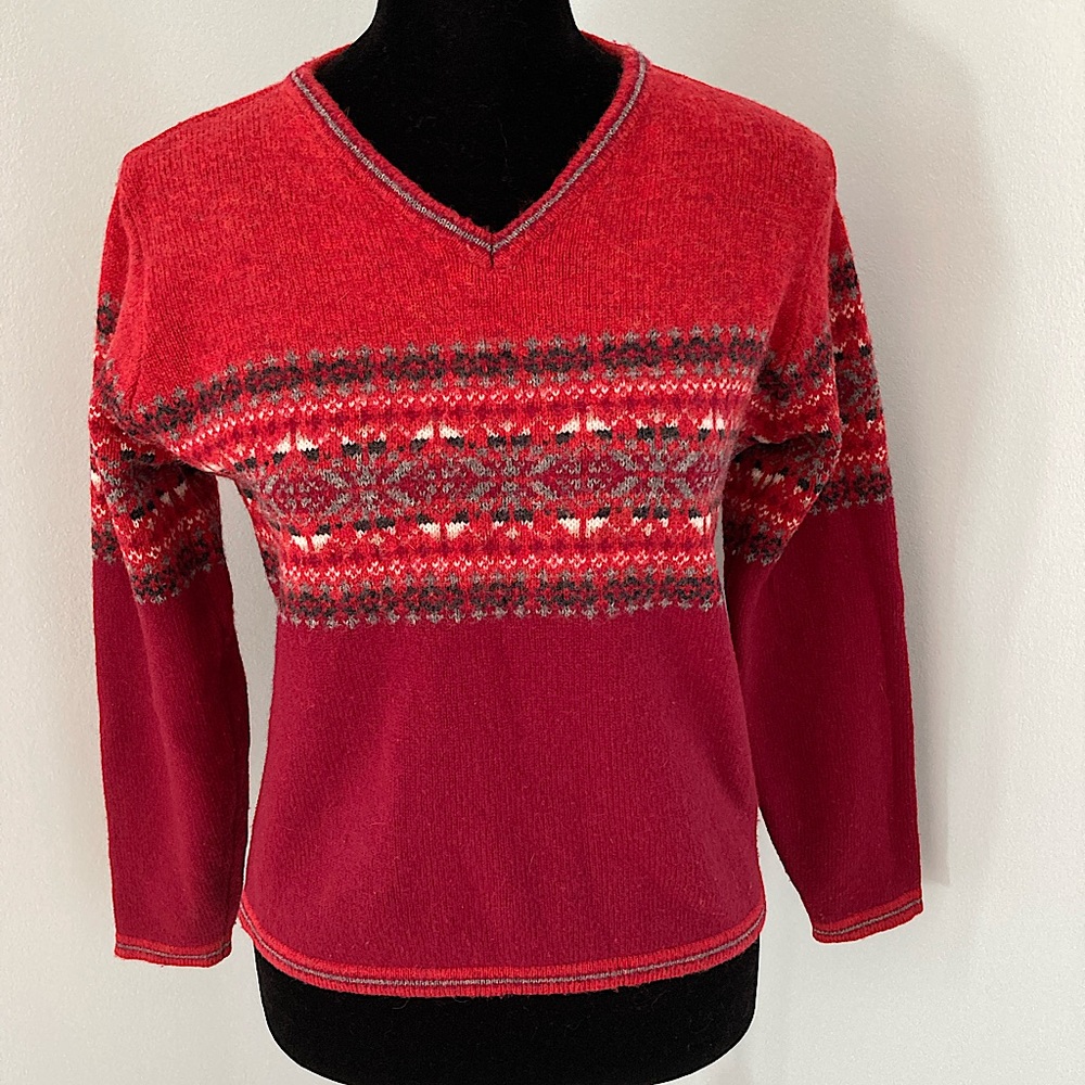 GAP Vintage V-Neck Fair Isle Lambswool Pullover Long-Sleeve Red Sweater Size S